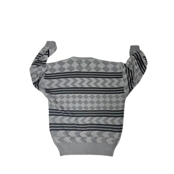 90s Y2K Mondo Italian Mens Sweater Silver/Black Diamond Stripe Zigzag Sz M - Picture 2 of 9
